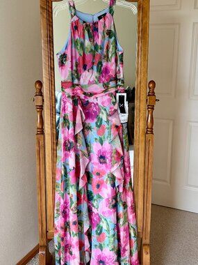Xscape Floral Chiffon Halter Maxi Dress Size 12 Pink  Ruffle Formal Gown NWT